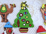 Christmas Ornaments 1960s Painted Wood Handmade Set Of 5 Double Sided Artisan USA