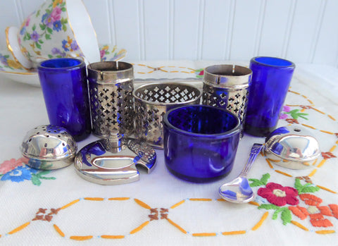 Salt And Pepper Shakers Set Cobalt Blue Glass Liners Silverplate