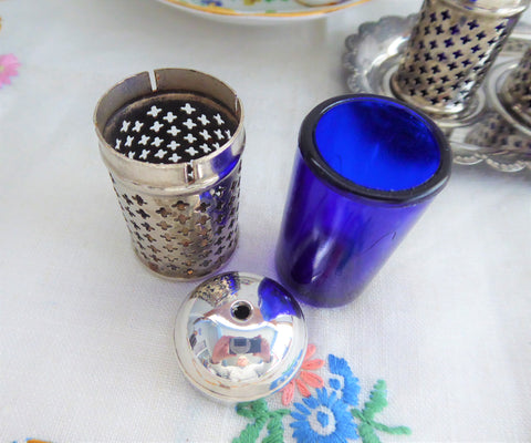 Salt And Pepper Shakers Set Cobalt Blue Glass Liners Silverplate