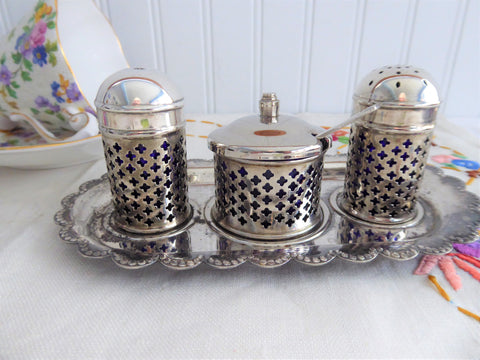 Salt And Pepper Shakers Set Cobalt Blue Glass Liners Silverplate