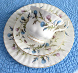 Royal Albert Brigadoon Teacup Trio Pink Blue Thistles Gold Trim 1970s Bone China