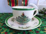 Christmas Tree Spode Cup And Saucer Green Trim Made In England Differing Dates