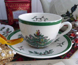 Christmas Tree Spode Cup And Saucer Green Trim Made In England Differing Dates