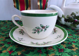 Christmas Tree Spode Cup And Saucer Green Trim Made In England Differing Dates