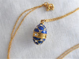 Cobalt Blue Enamel Easter Egg Pendant Necklace Rhinestones GF Chain Russia