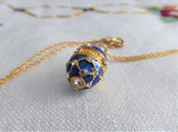 Cobalt Blue Enamel Easter Egg Pendant Necklace Rhinestones GF Chain Russia