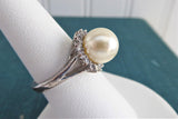 Halo Ring Faux Pearl CZ 1990s Tea Party Large Pearl Silver White Elegant