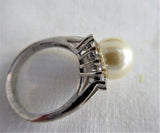 Halo Ring Faux Pearl CZ 1990s Tea Party Large Pearl Silver White Elegant