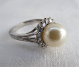 Halo Ring Faux Pearl CZ 1990s Tea Party Large Pearl Silver White Elegant