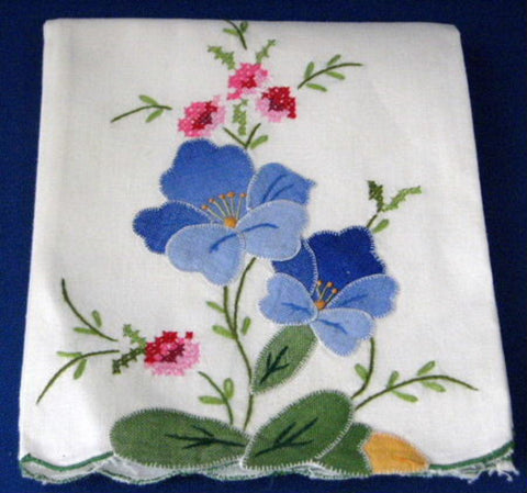 Hand Towel Embroidered Appliqued Flowers Cross Stitch 1970s - Antiques And Teacups - 1