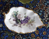 Royal Patrician Leaf Shape Tea Bag Caddy White Roses Violets England Bone China - Antiques And Teacups - 1